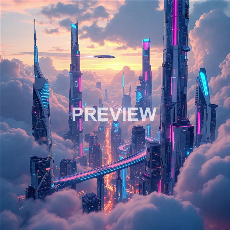 A futuristic cityscape with towering skyscrapers illuminated by vibrant neon lights, floating above clouds during a sunset or sunrise, with a flying vehicle in the sky.